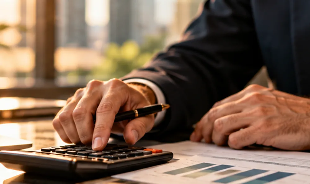 Profissional utilizando calculadora durante planejamento de crédito; imagem ilustrativa