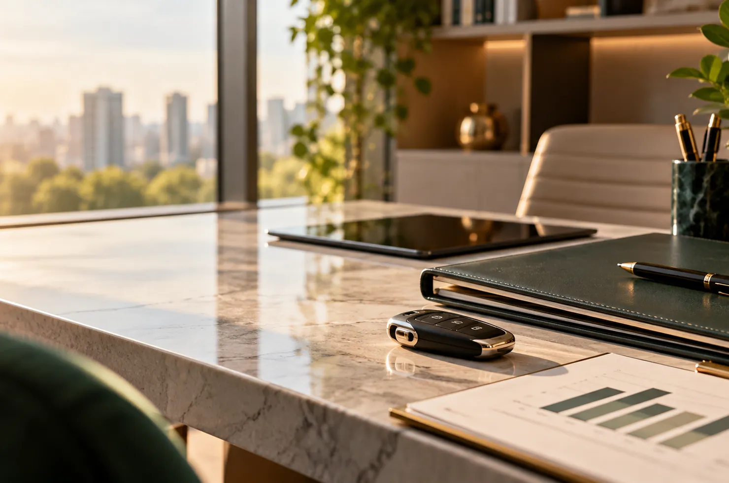 Mesa de planejamento financeiro com documentos, chave de veículo e acessórios, imagem ilustrativa
